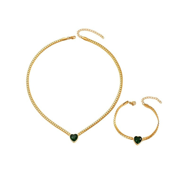 Green Heart Figaro Link Necklace & Bracelet Set