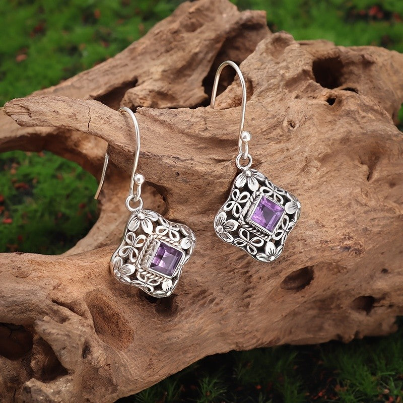 Purple Zircon Floral Square Drop Earrings