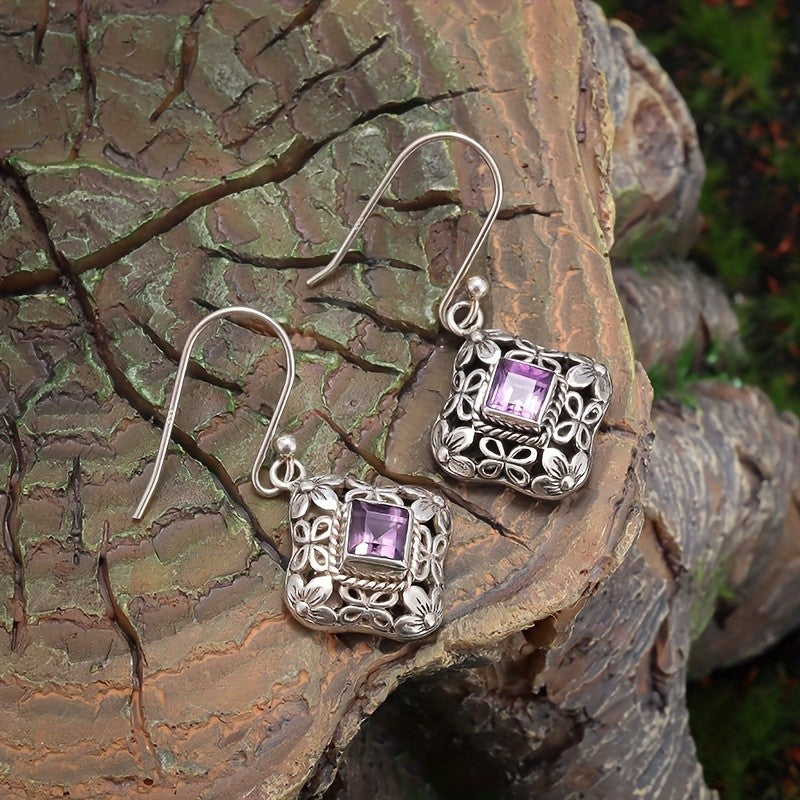 Purple Zircon Floral Square Drop Earrings