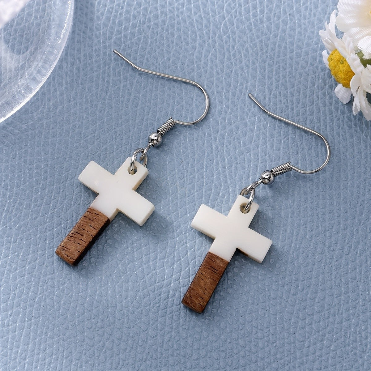 Mint Green Wood Cross Earrings
