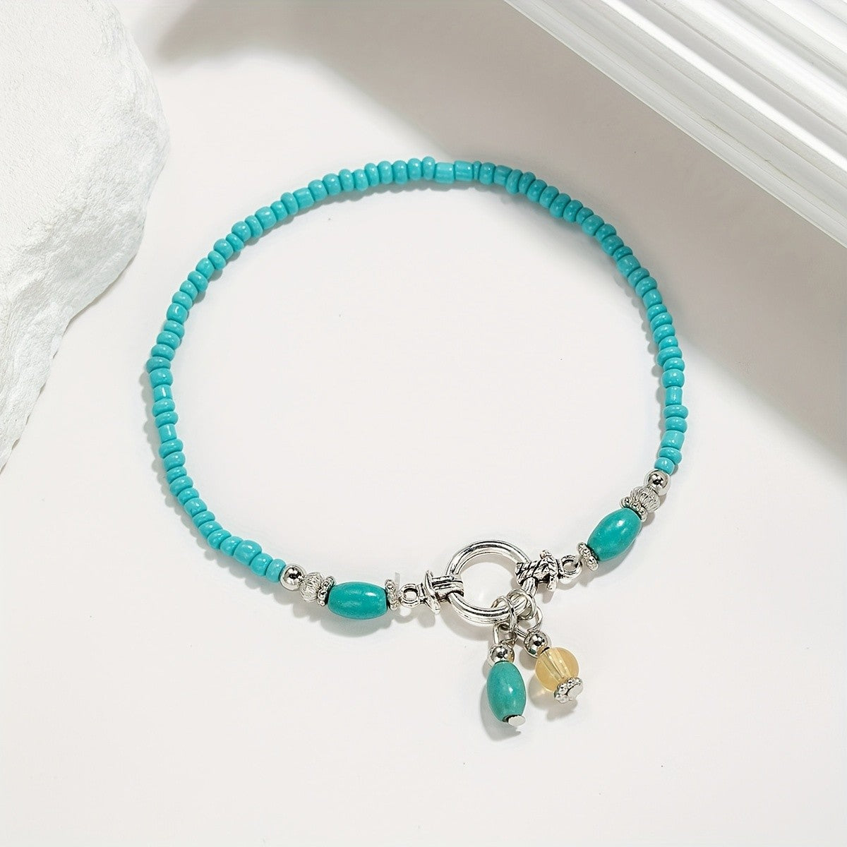 Turquoise & Black Beaded Layered Anklet Set