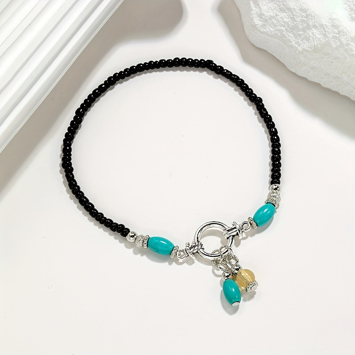 Turquoise & Black Beaded Layered Anklet Set