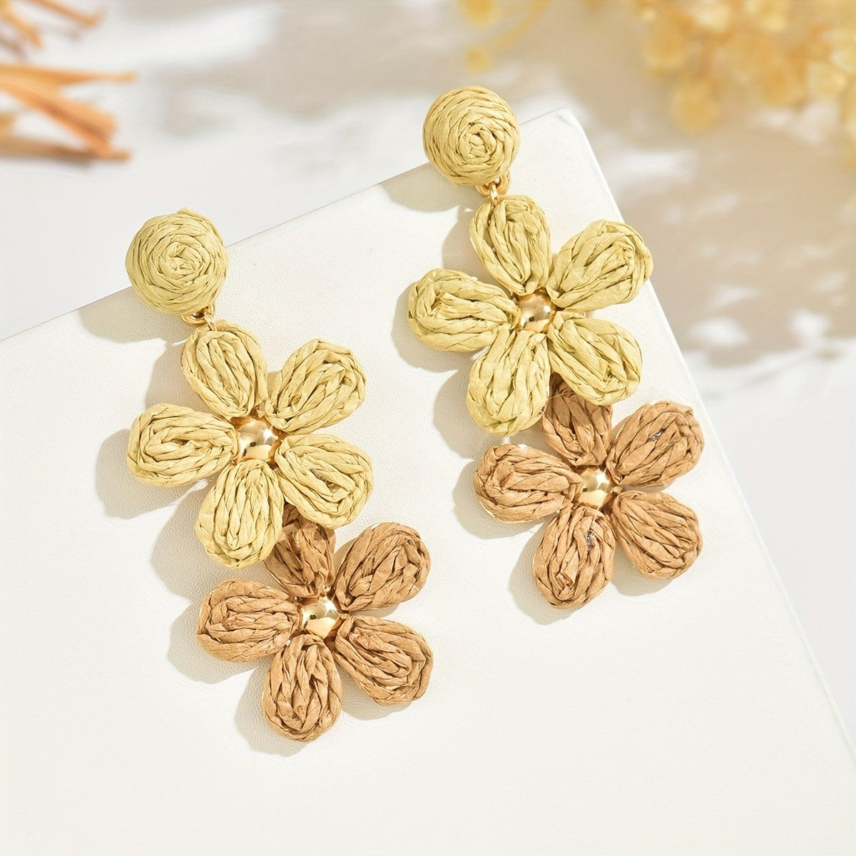 Woven Raffia Floral Drop Earrings