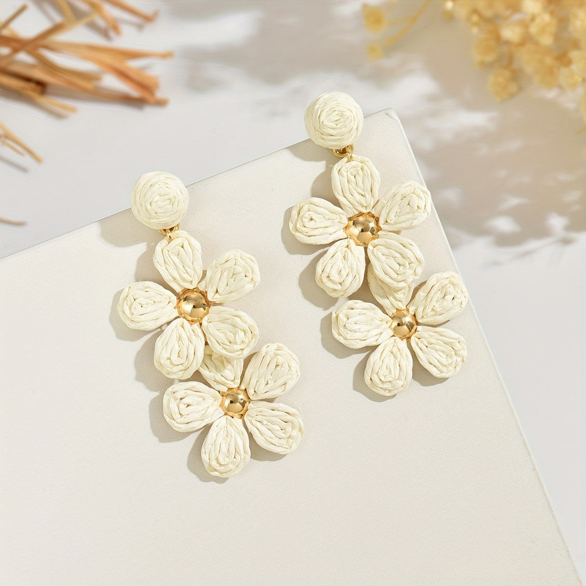Woven Raffia Floral Drop Earrings