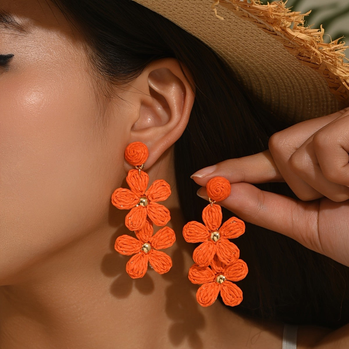 Woven Raffia Floral Drop Earrings