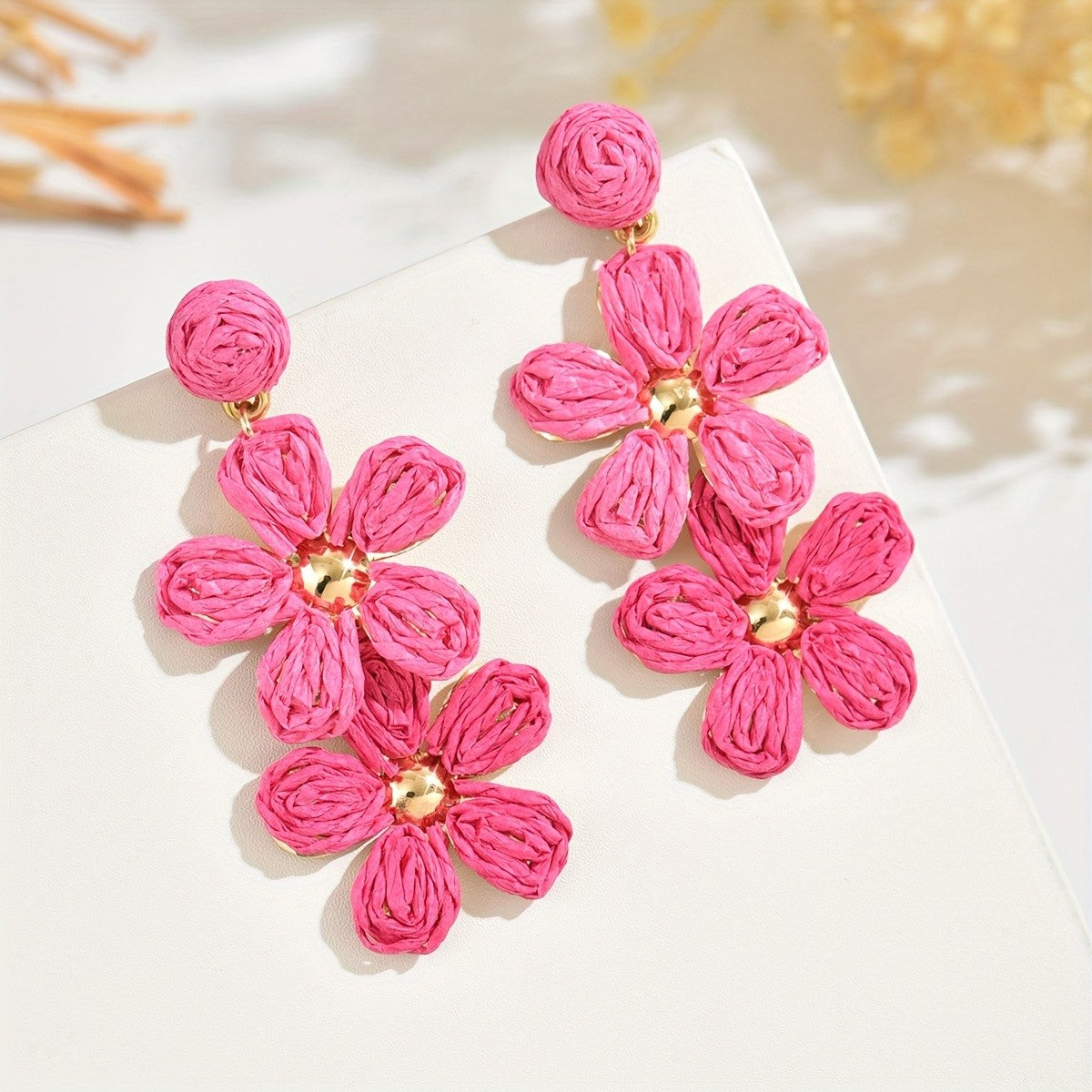 Woven Raffia Floral Drop Earrings