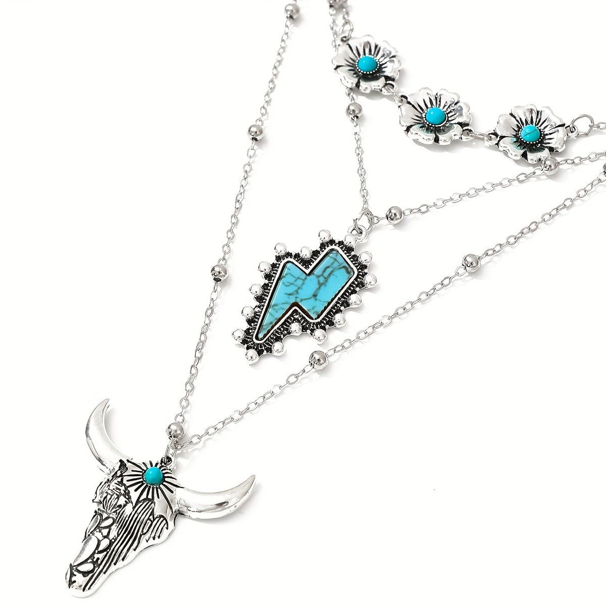 Turquoise Floral & Bull Head Layered Necklace Set
