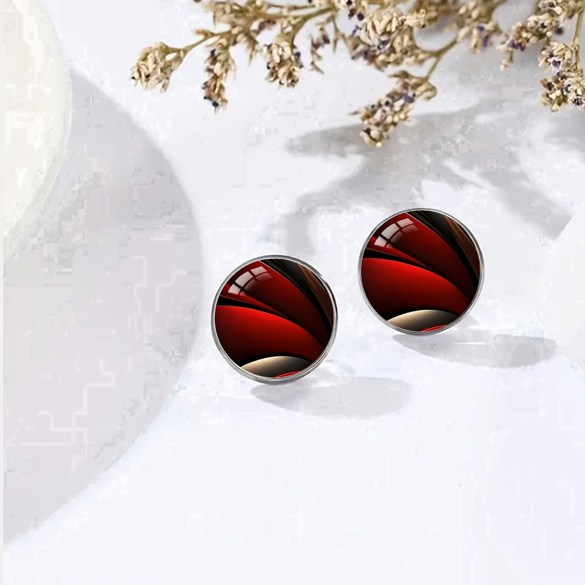Red Glass Round Stud Earrings