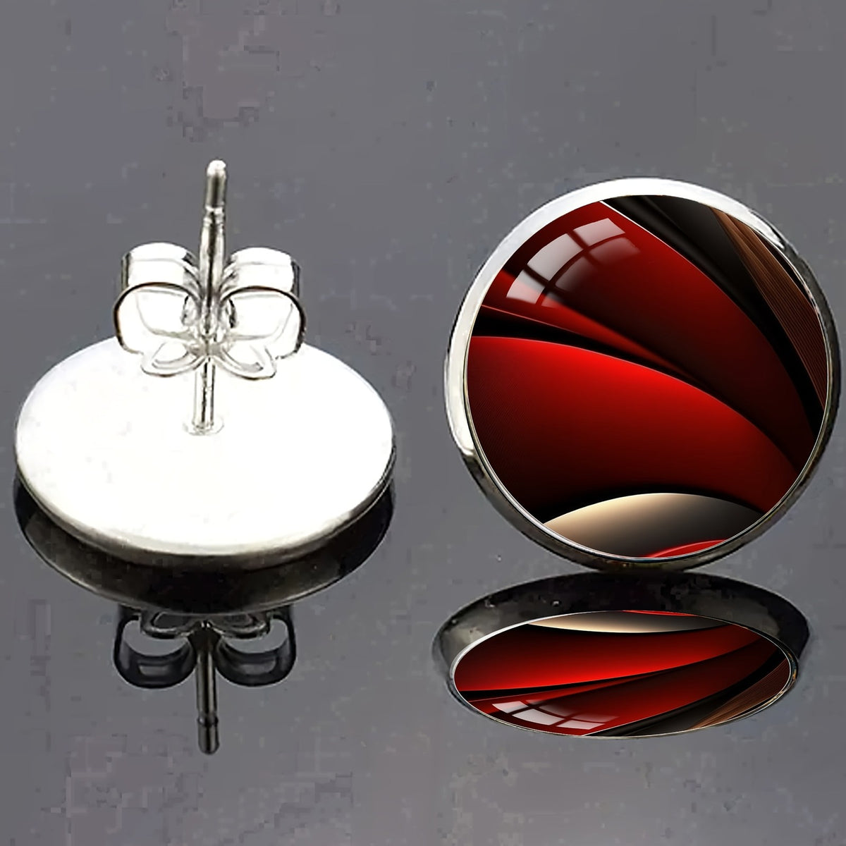 Red Glass Round Stud Earrings