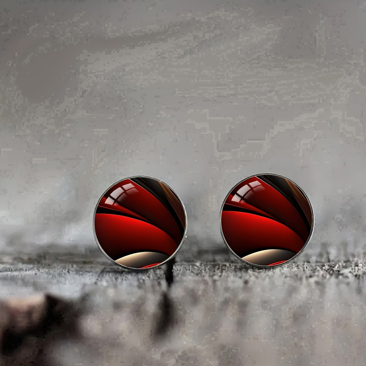 Red Glass Round Stud Earrings