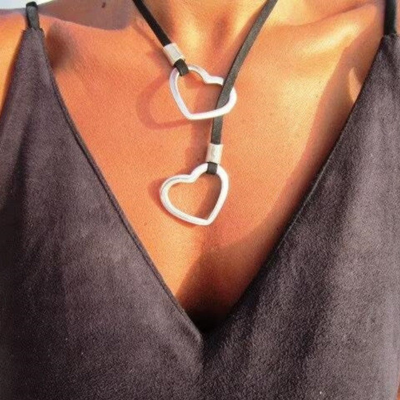 Double Heart Cord Lariat Necklace