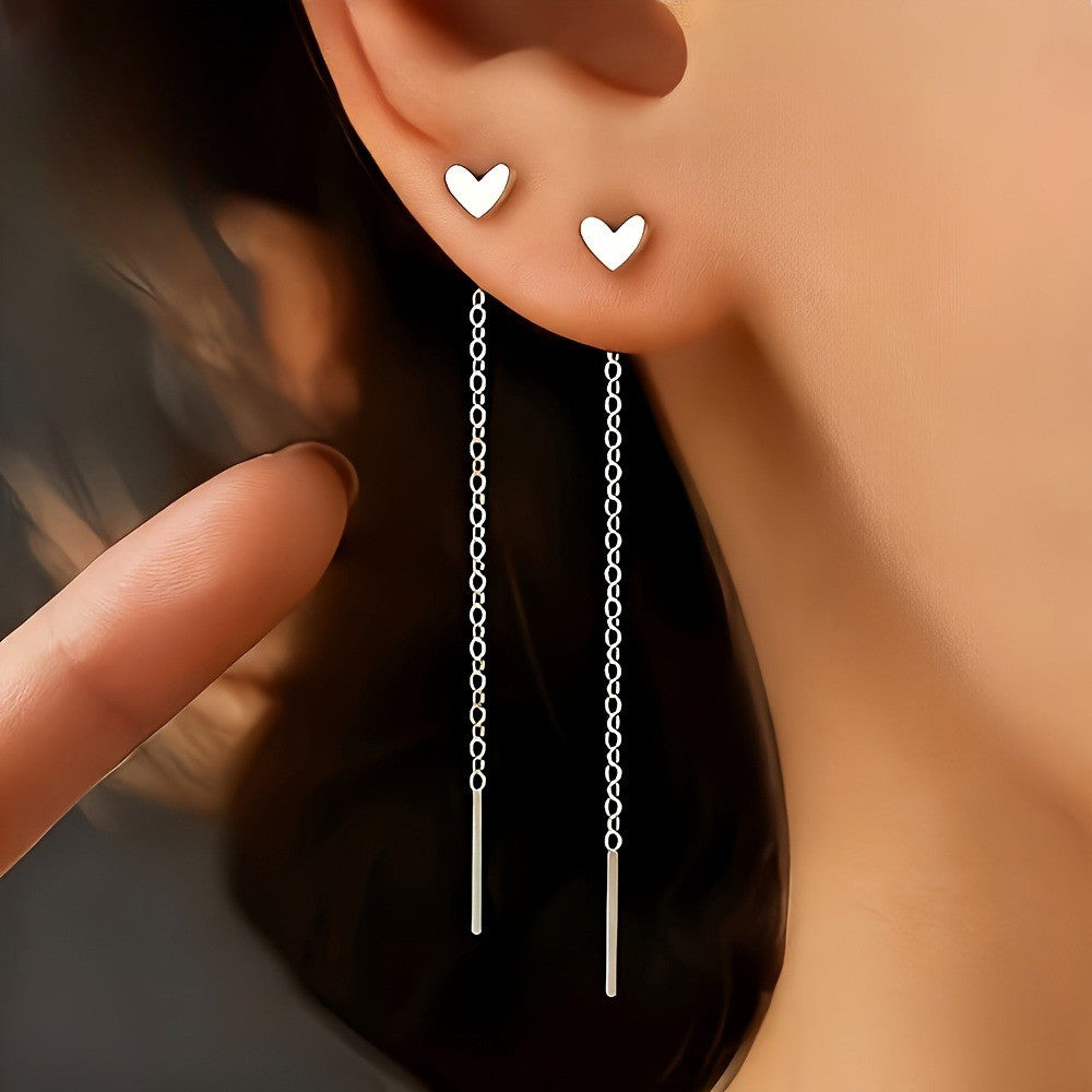 Heart Stud Linear Chain Earrings