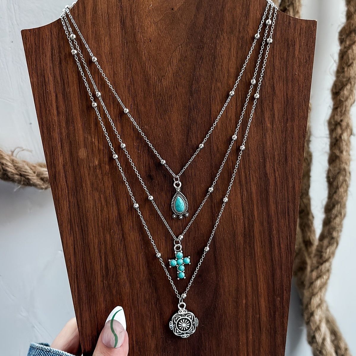 Turquoise Teardrop & Cross Layered Necklace Set