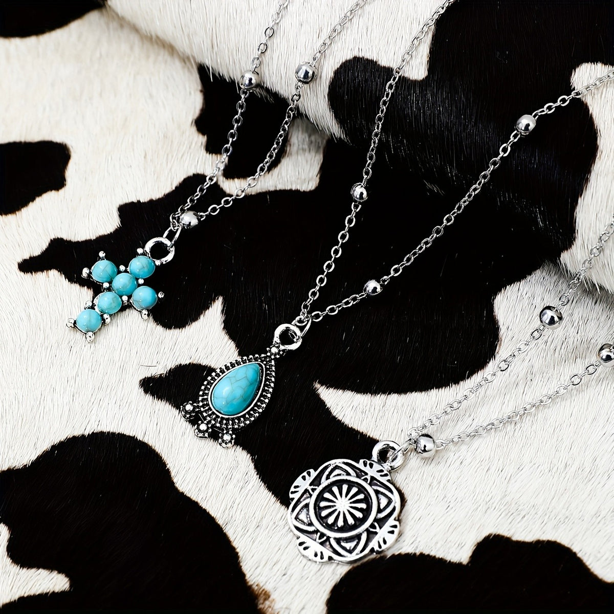 Turquoise Teardrop & Cross Layered Necklace Set