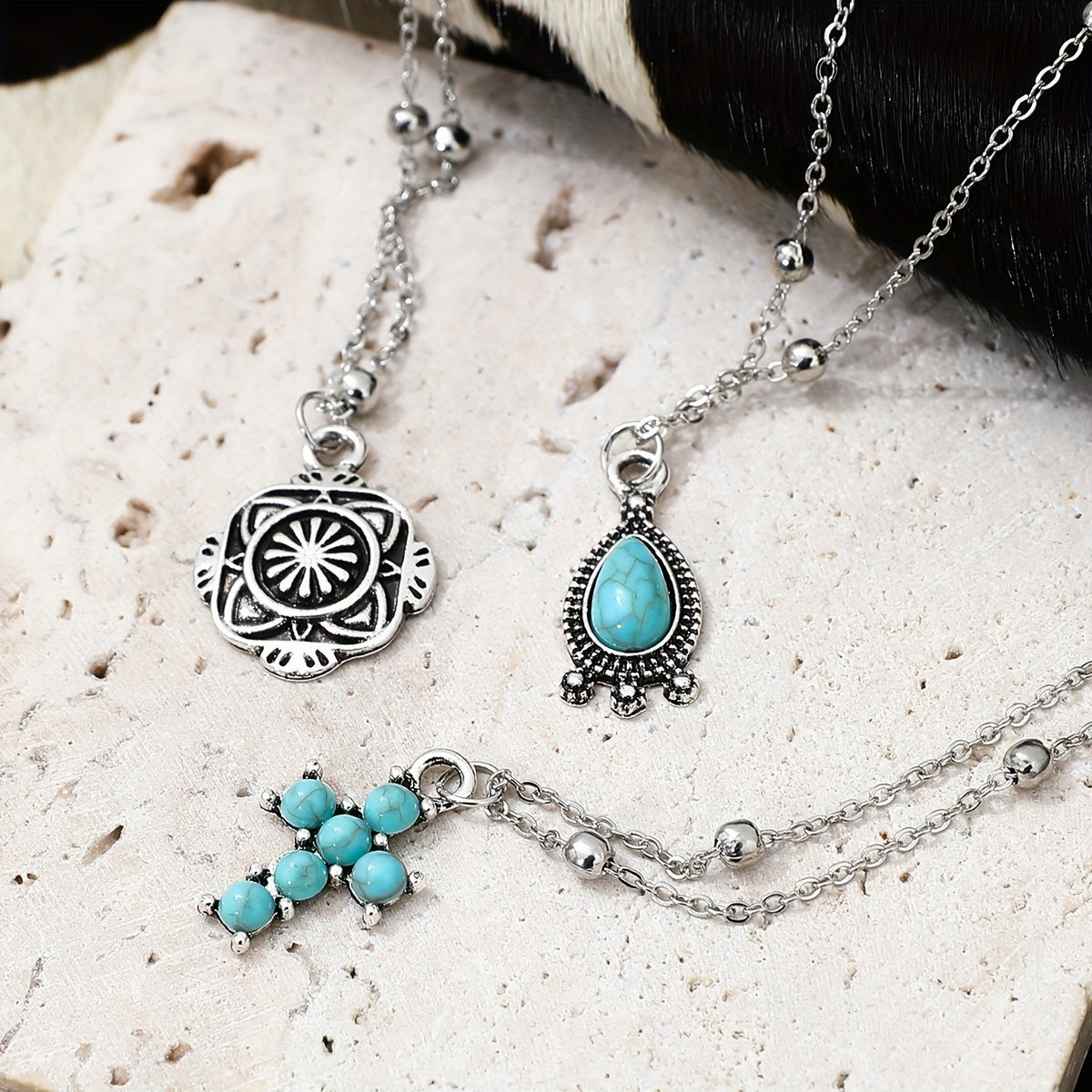 Turquoise Teardrop & Cross Layered Necklace Set