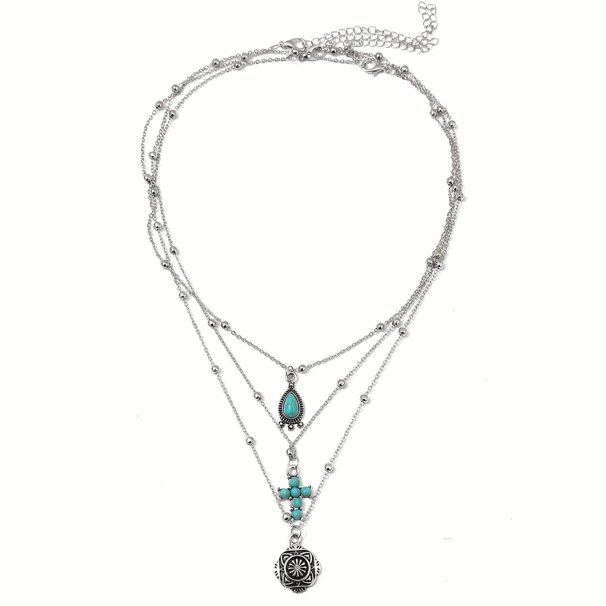 Turquoise Teardrop & Cross Layered Necklace Set