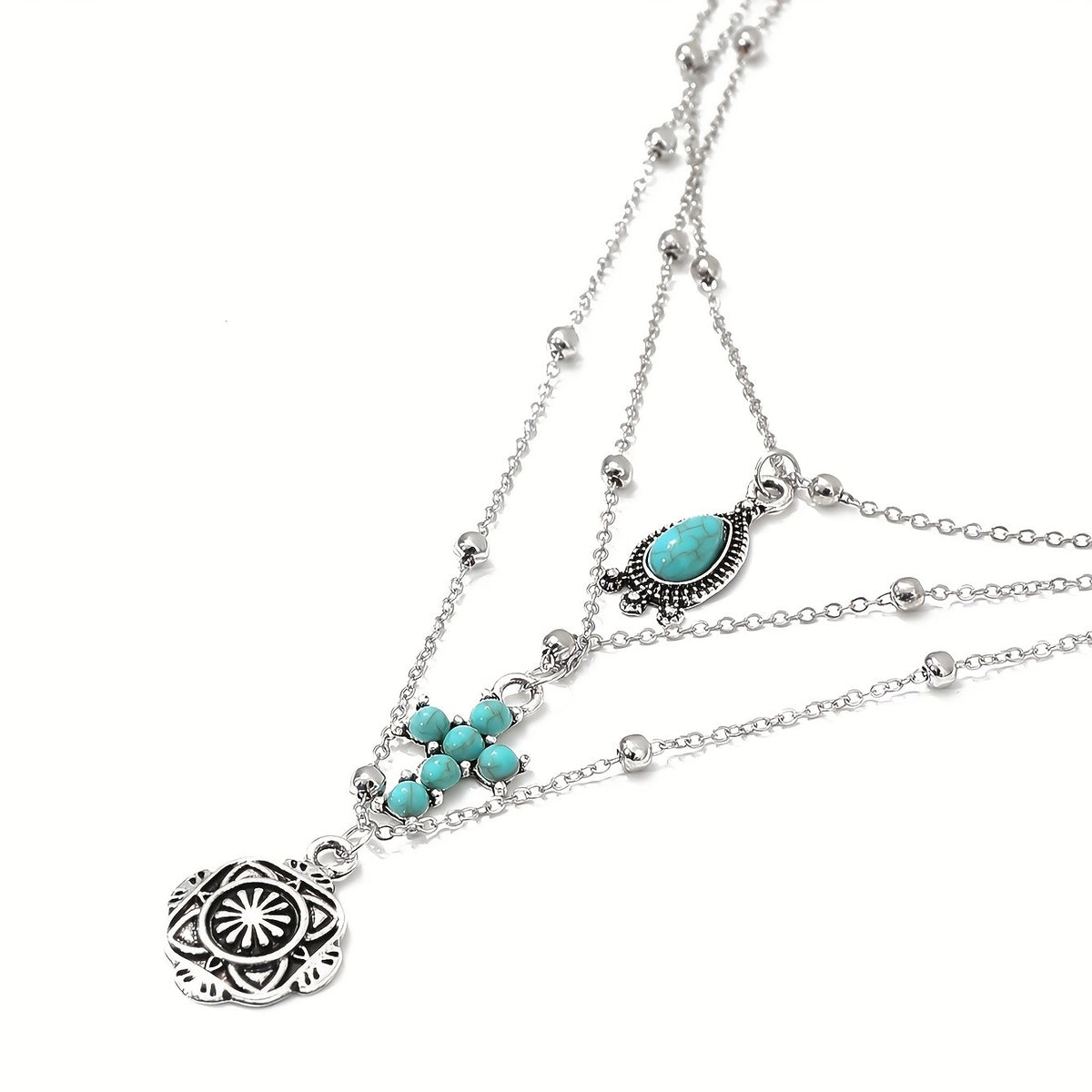 Turquoise Teardrop & Cross Layered Necklace Set