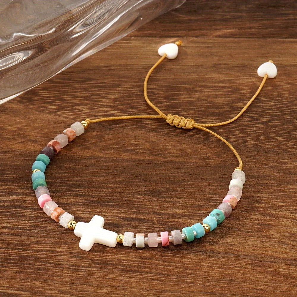 Colorful Stone Cross & Heart Bracelet