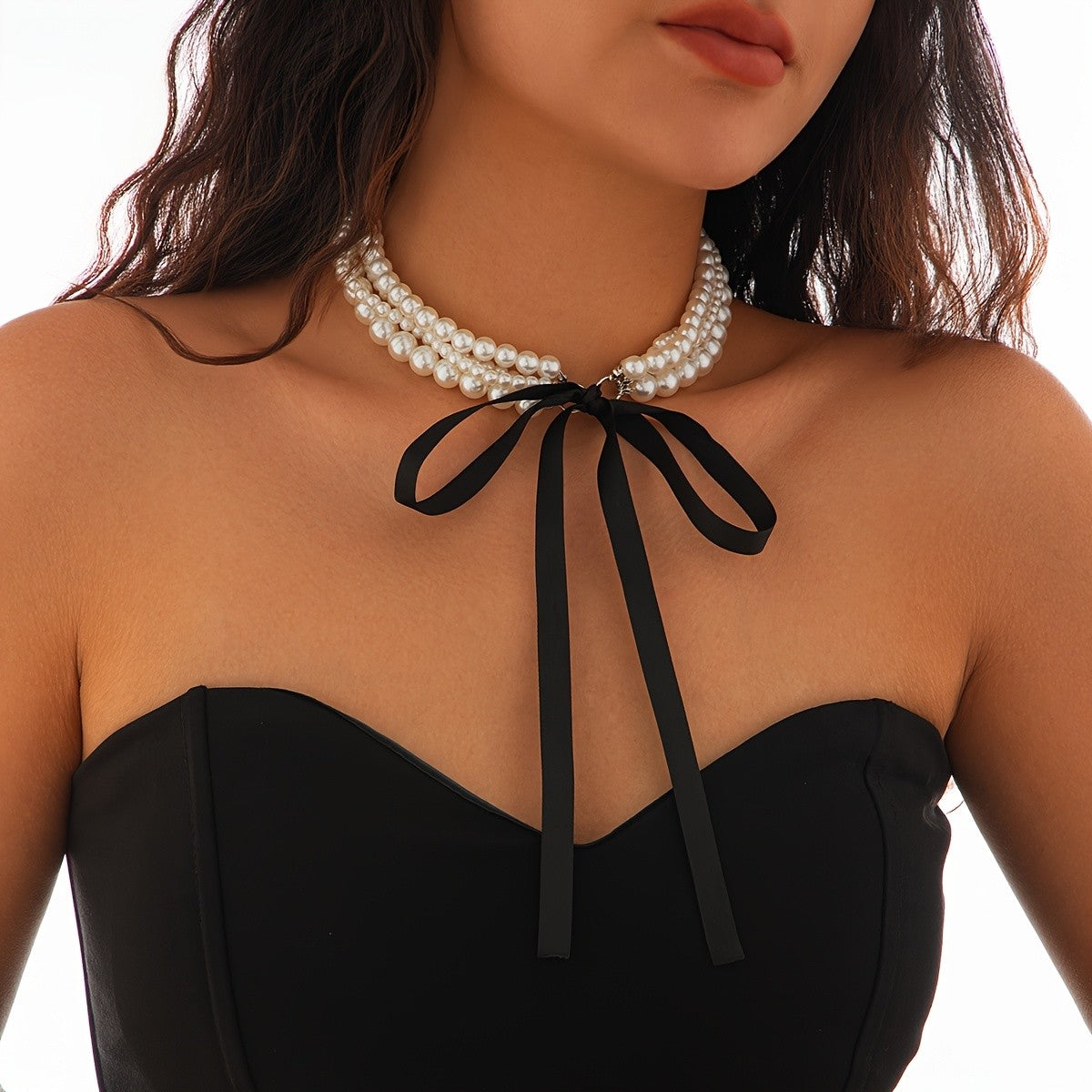 Triple Strand Pearl Ribbon Choker