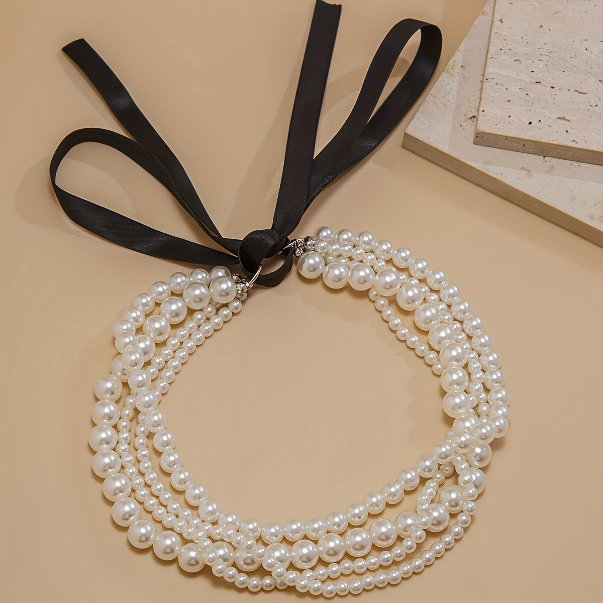 Triple Strand Pearl Ribbon Choker