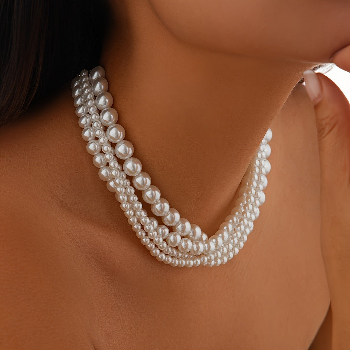 Triple Strand Pearl Ribbon Choker