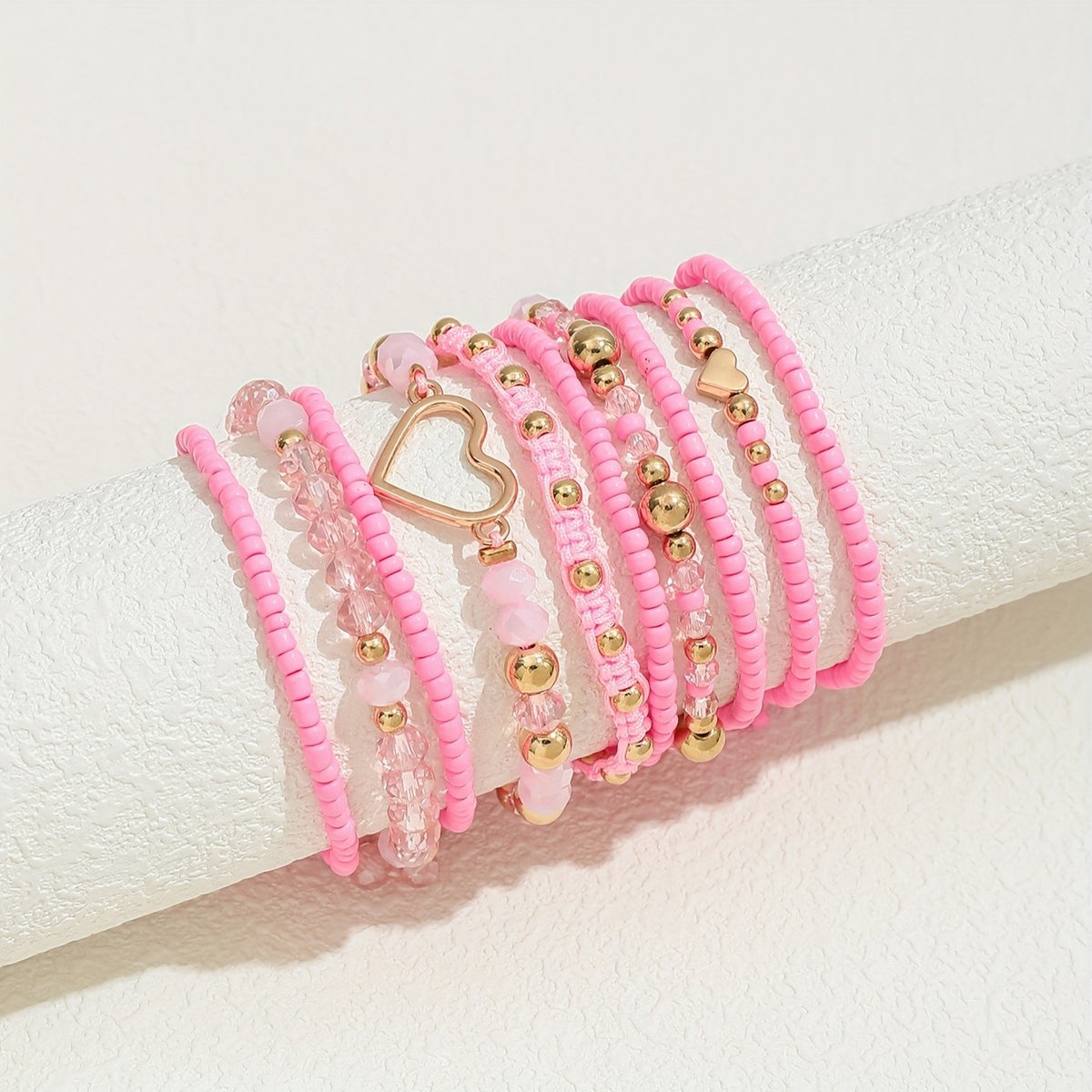 Pink Beaded Heart Charm Bracelet Set