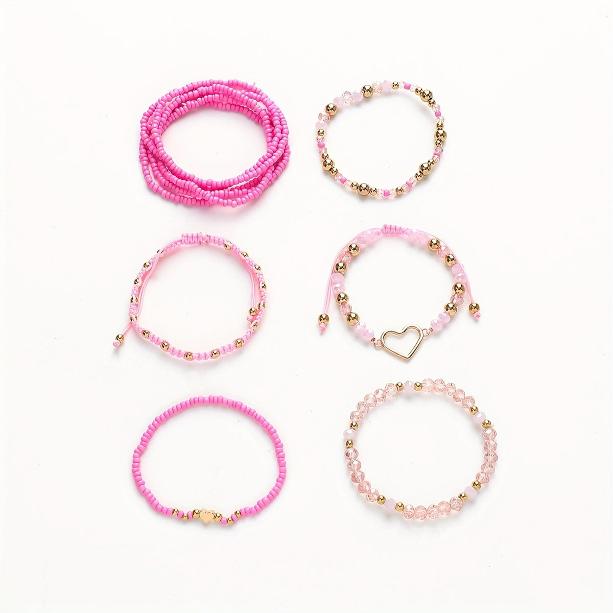 Pink Beaded Heart Charm Bracelet Set