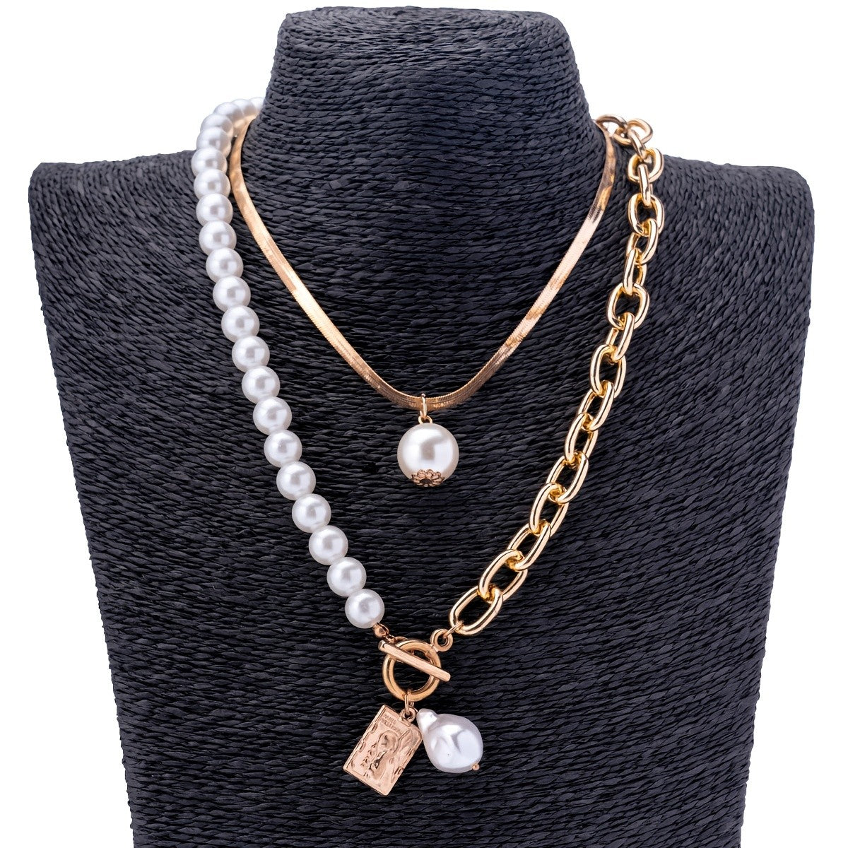Layered Pearl & Toggle Charm Necklace