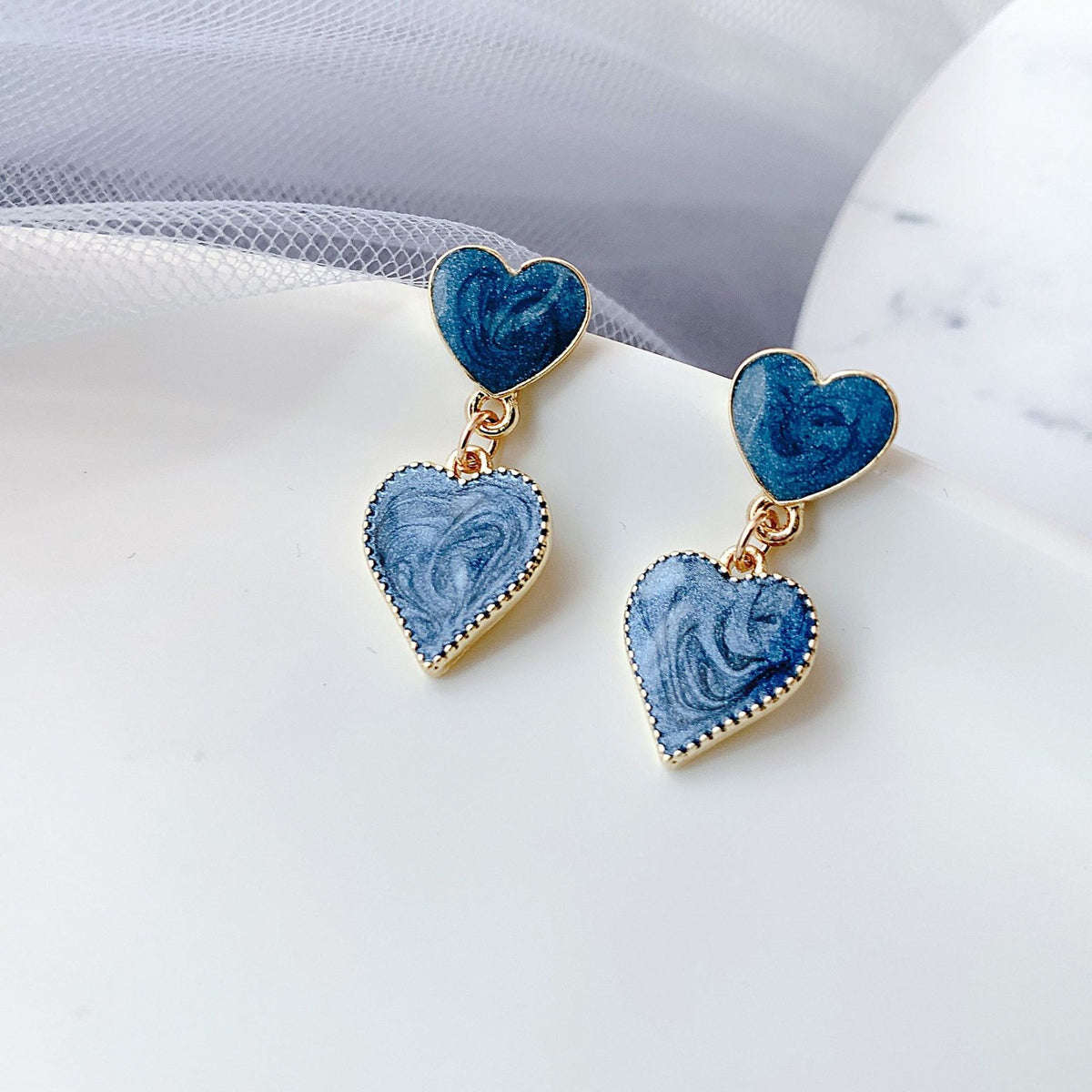 Blue Swirl Heart Drop Earrings