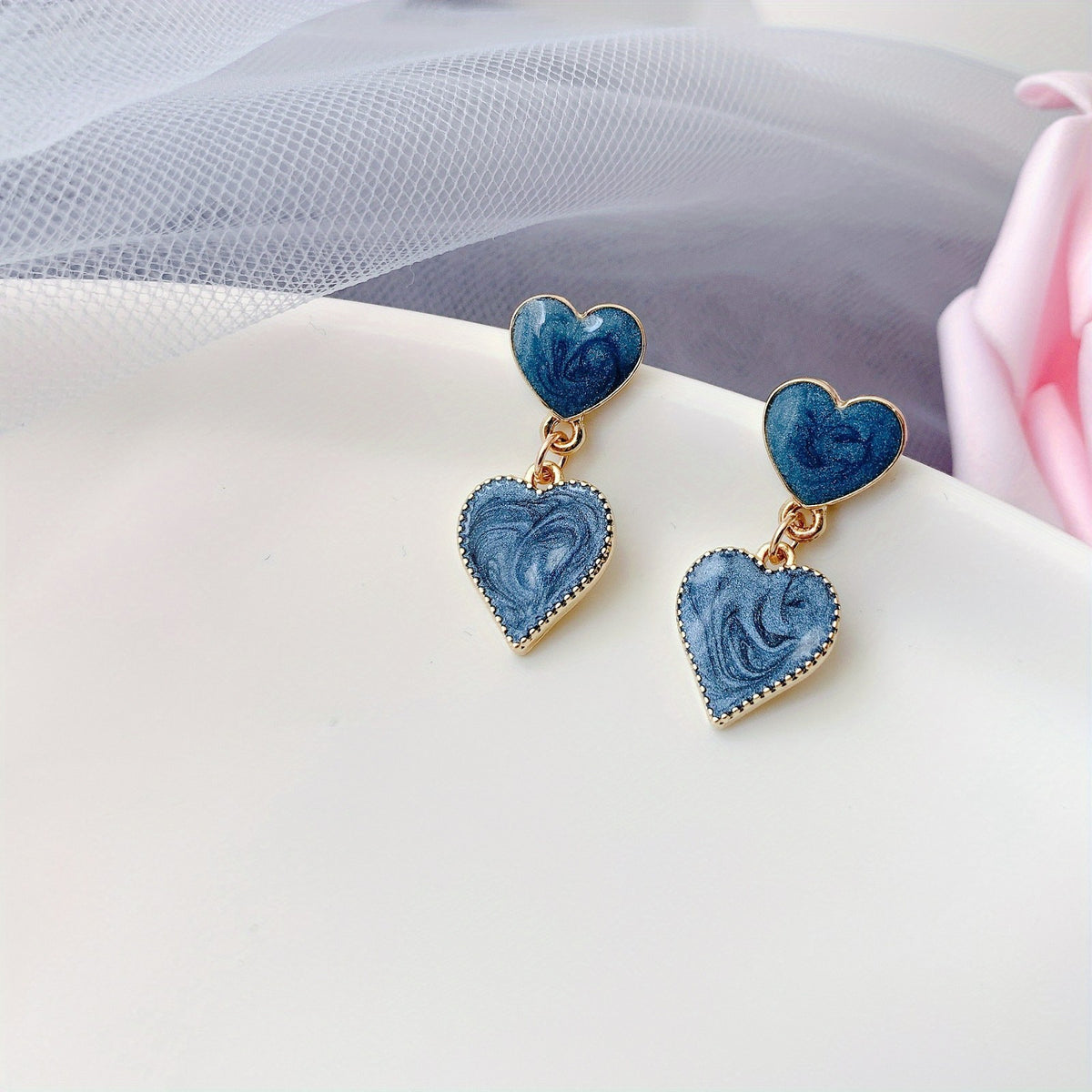 Blue Swirl Heart Drop Earrings