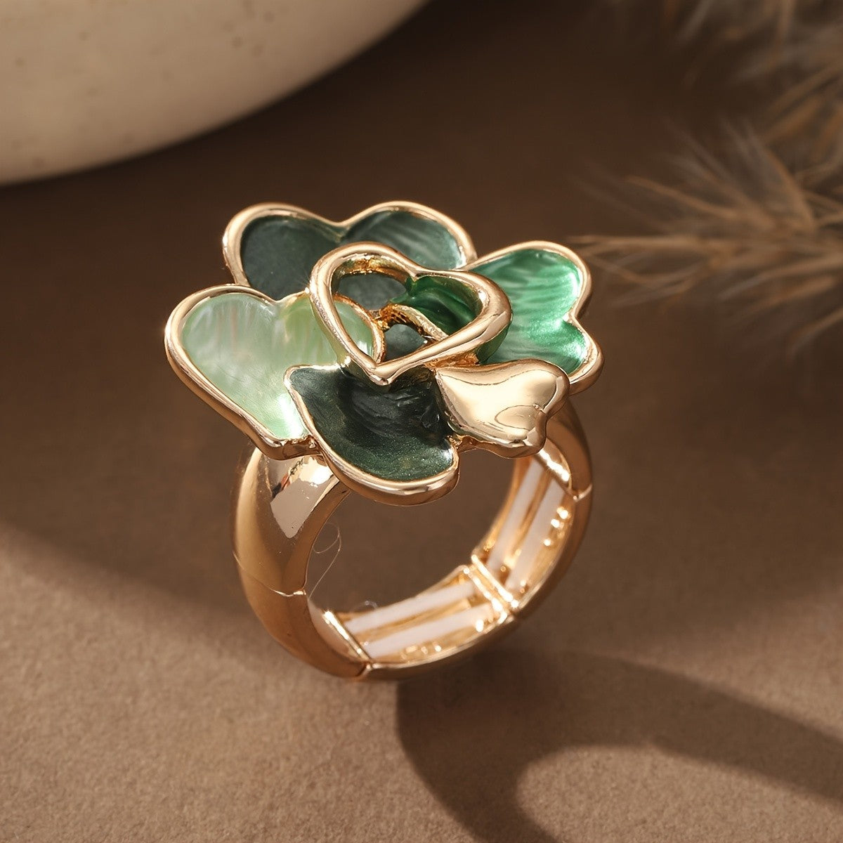 Green Enamel Heart Flower Ring