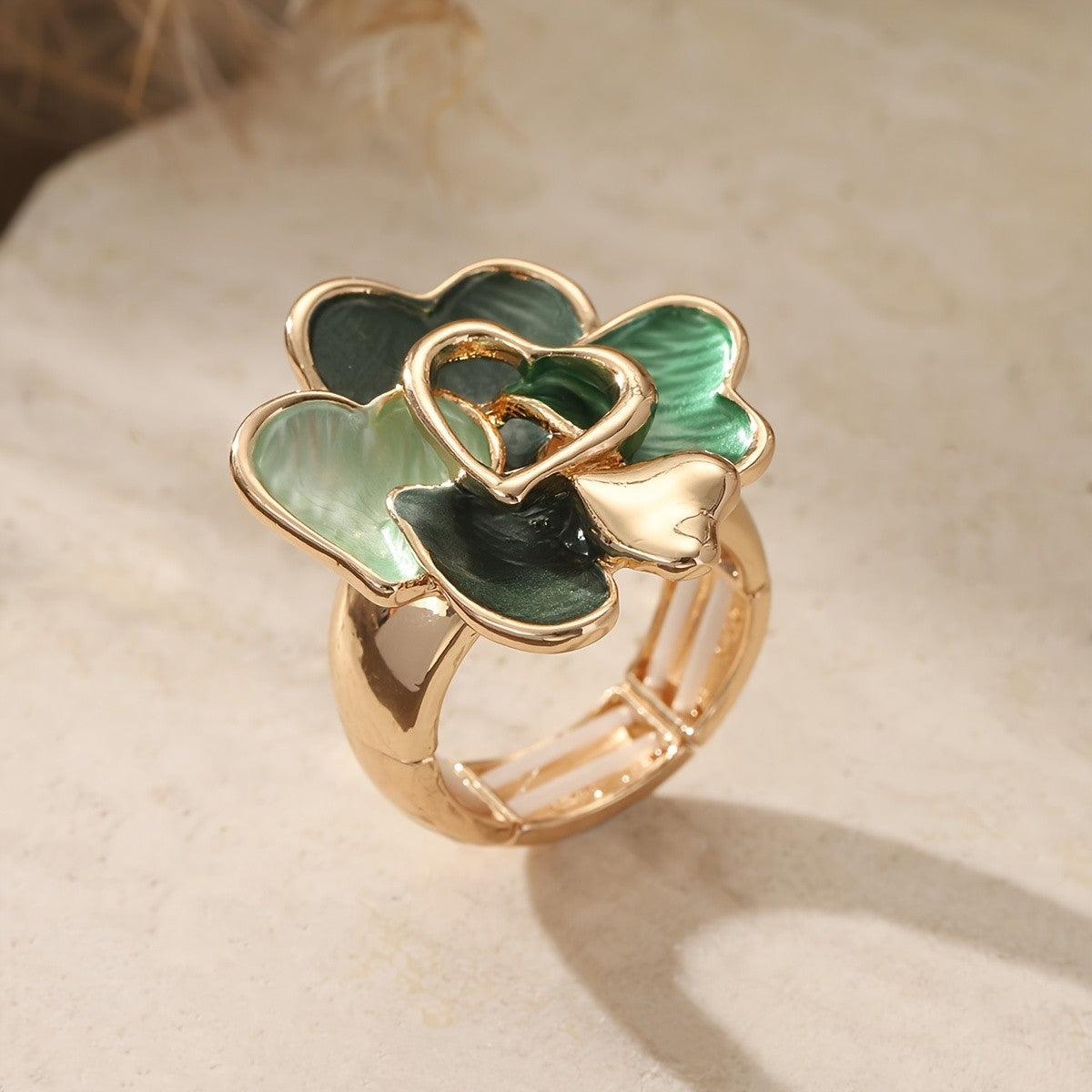 Green Enamel Heart Flower Ring