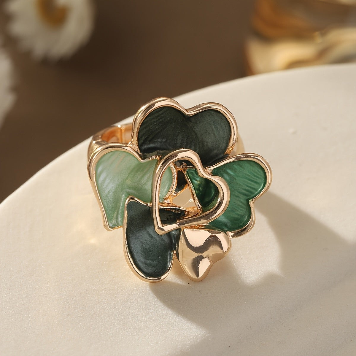 Green Enamel Heart Flower Ring