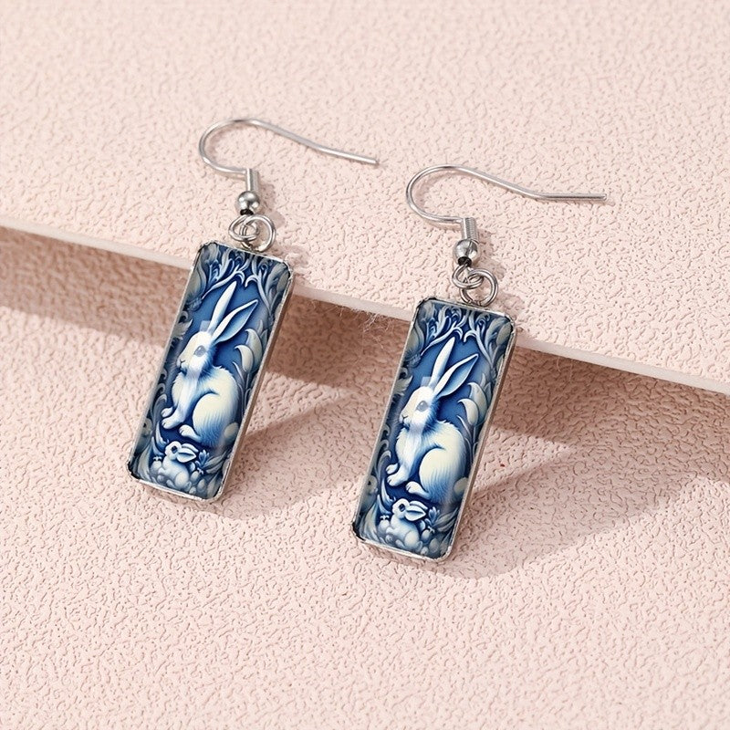 Blue Rabbit Rectangular Earrings