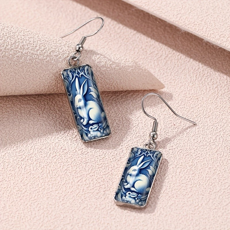 Blue Rabbit Rectangular Earrings