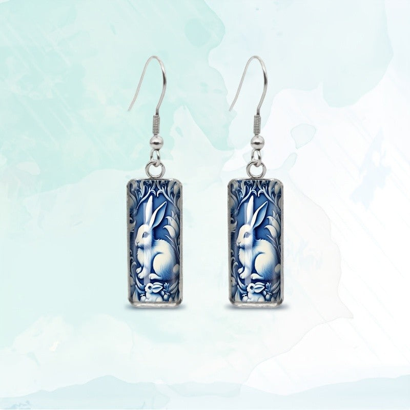 Blue Rabbit Rectangular Earrings