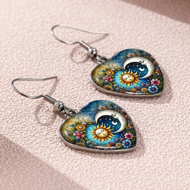 Sun Moon Floral Heart Earrings