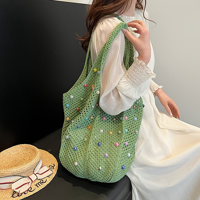 Green Crochet Pearl Tote Bag