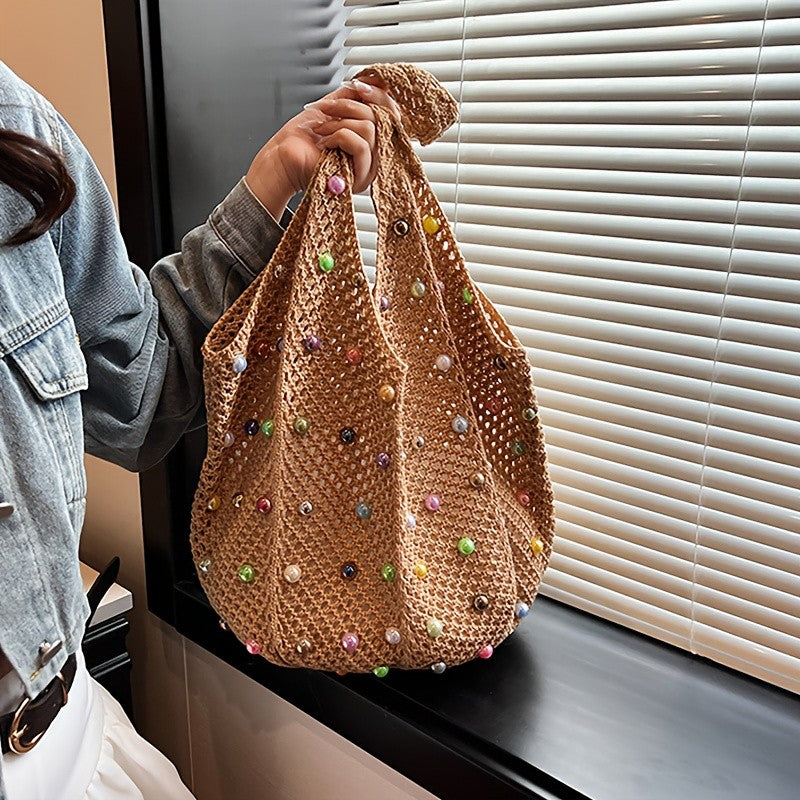 Green Crochet Pearl Tote Bag