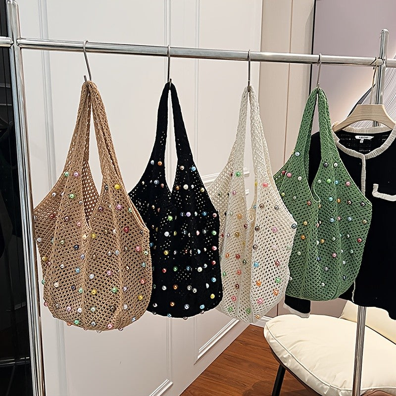 Green Crochet Pearl Tote Bag