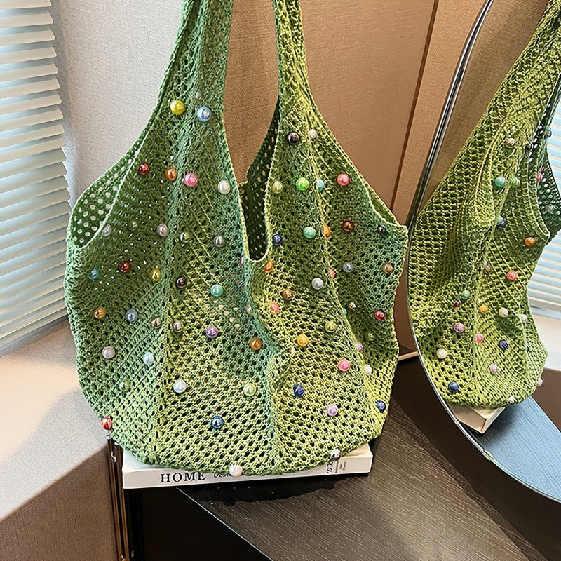 Green Crochet Pearl Tote Bag