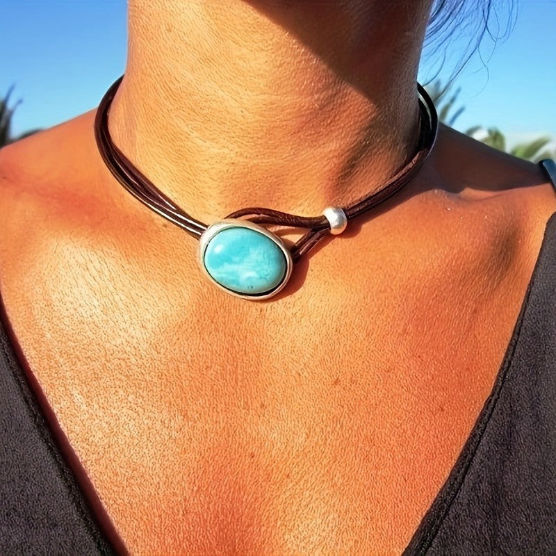 Turquoise Oval Leather Cord Necklace