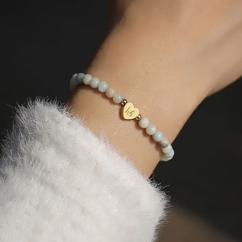 Multicolor Natural Stone Heart Initial Bracelet