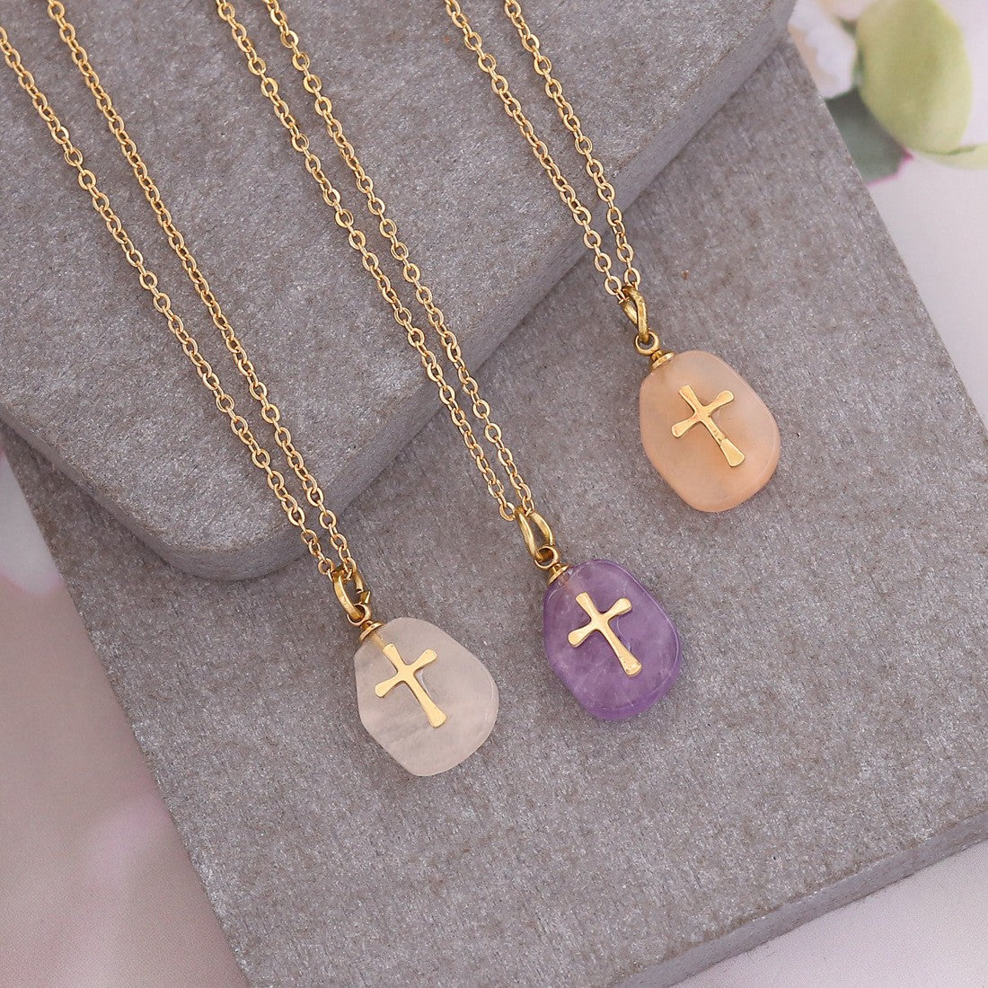 Natural Stone Cross Necklace