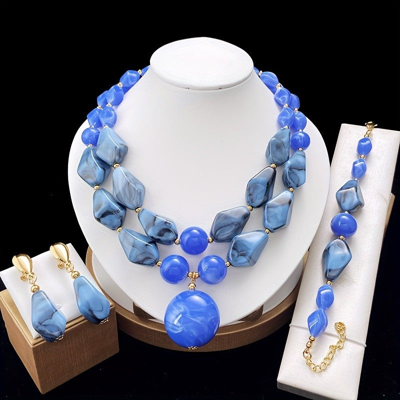 Blue Marble Resin Jewelry Set