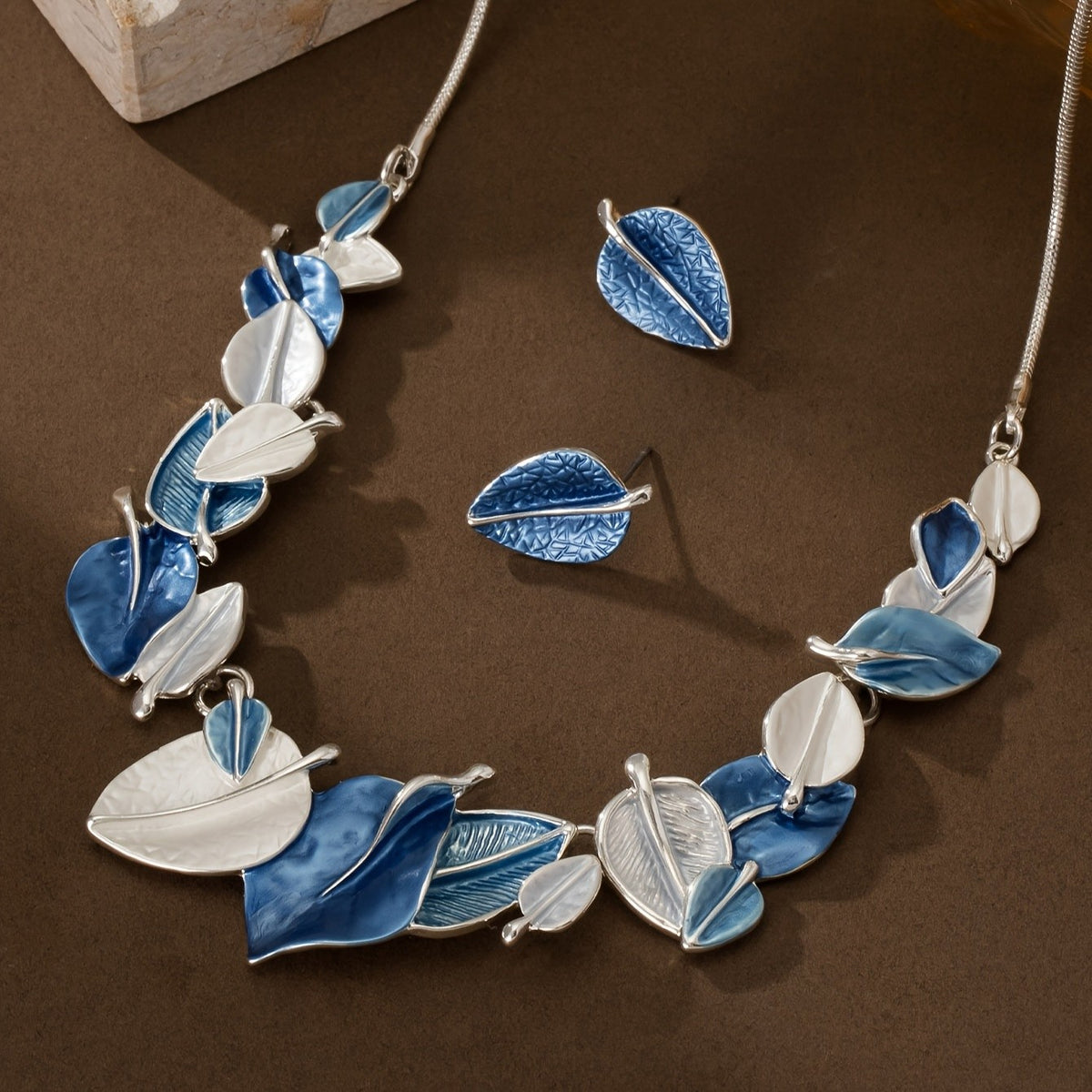 Blue Leaf Cluster Necklace & Earring Set