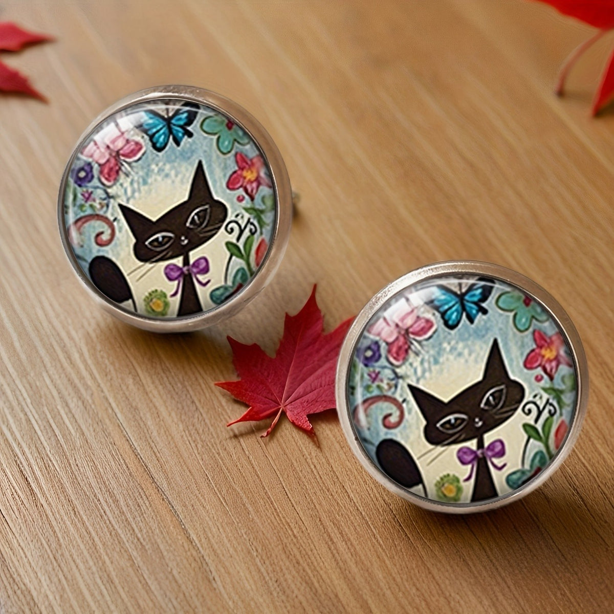 Black Cat Floral Dome Stud Earrings