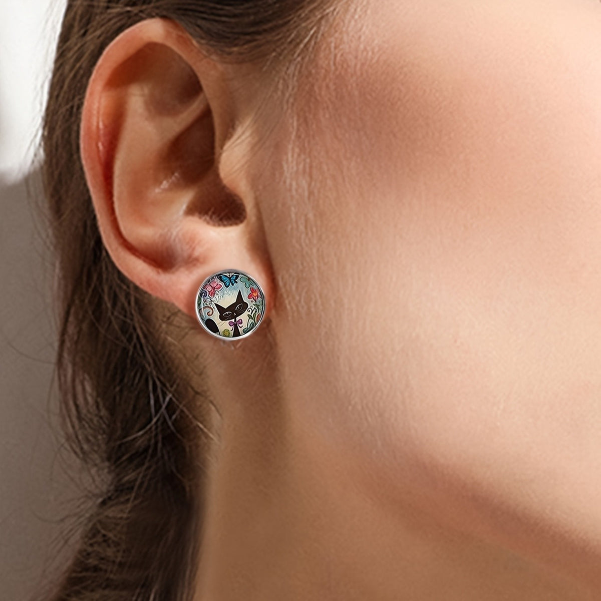 Black Cat Floral Dome Stud Earrings