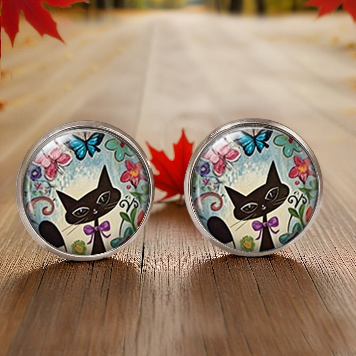 Black Cat Floral Dome Stud Earrings