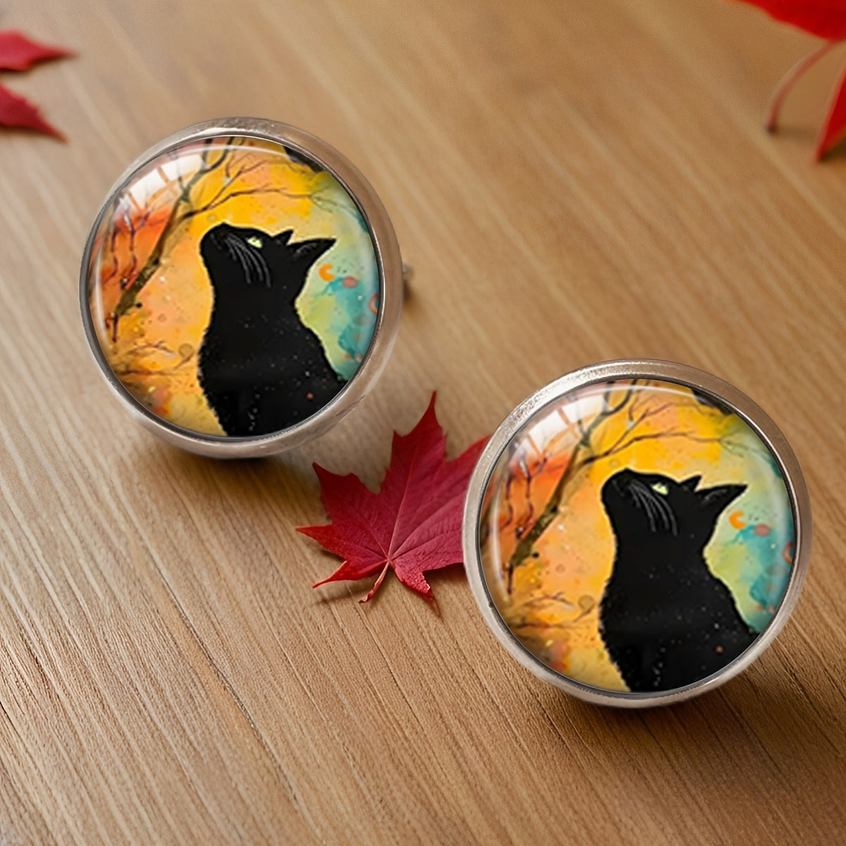 Autumn Tree Black Cat Stud Earrings